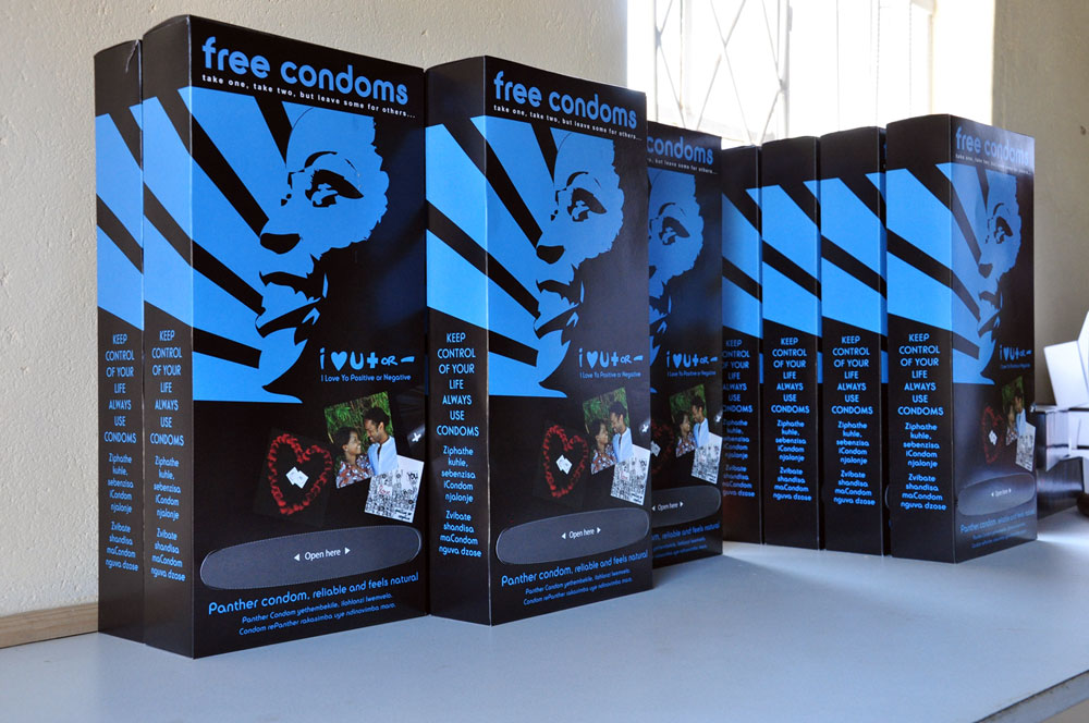 Display box of condoms with attractive packagings.